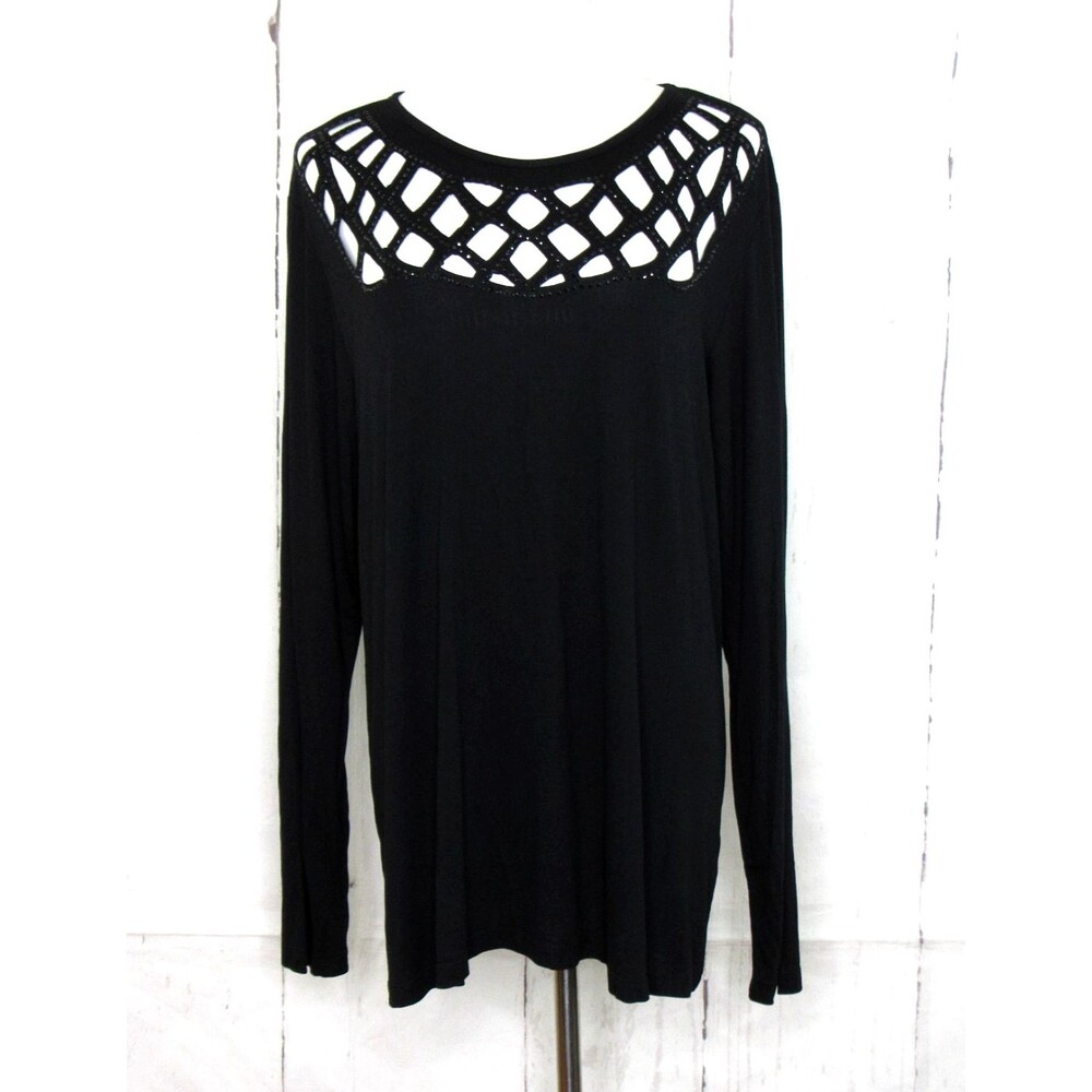 Vocal Women's Black Long Sleeve Top Size 3XL Cutout Lattice Neckline Embellished